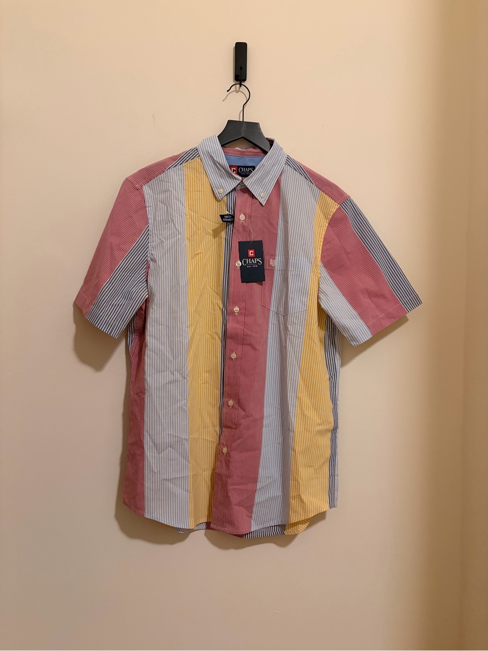 Chaps Men's Multicolor Striped Short-Sleeve Button-Down Shirt - Red/Yellow/Blue